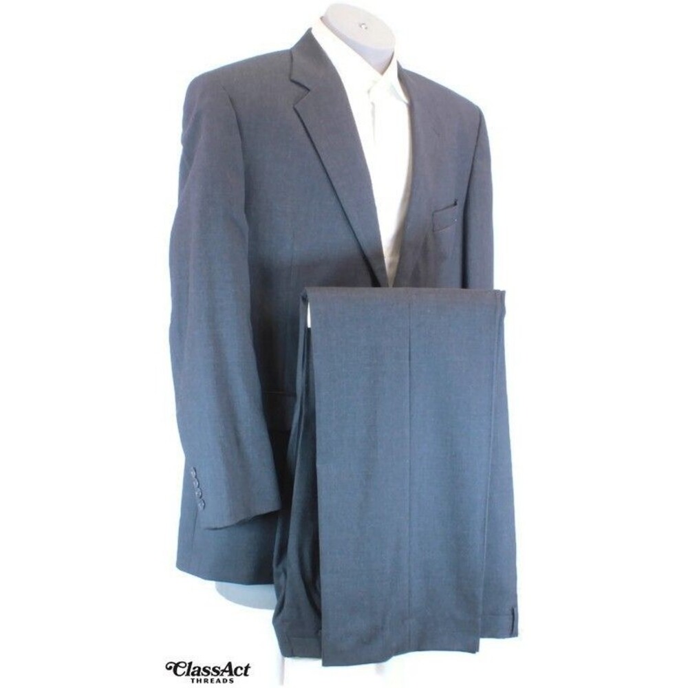 Stafford 2 Piece Suit Mens Gray Wool 2 Btn 46R Flat Fronts 35" Waist - Picture 2 of 13